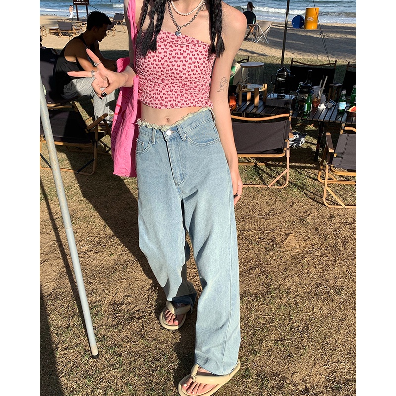 Quần denim ống rộng thiết kế đơn giản cho nữ