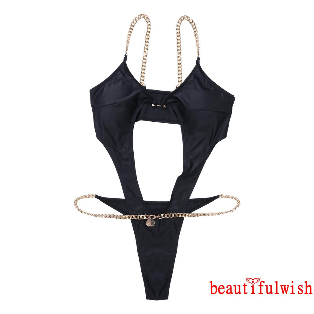 Bộ Đồ Bơi Bikini Liền Thân Cổ Chữ V Khoét Sâu Màu Trơn Phối Dây Xích Kim Loại Thời Trang Mùa Hè Cho Nữ