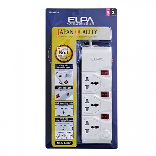Ổ cắm Nhật 3 ổ điện dây 5m 3 công tắc ELPA ESL-VNI35 chính hãng - Bảo hành 12 tháng