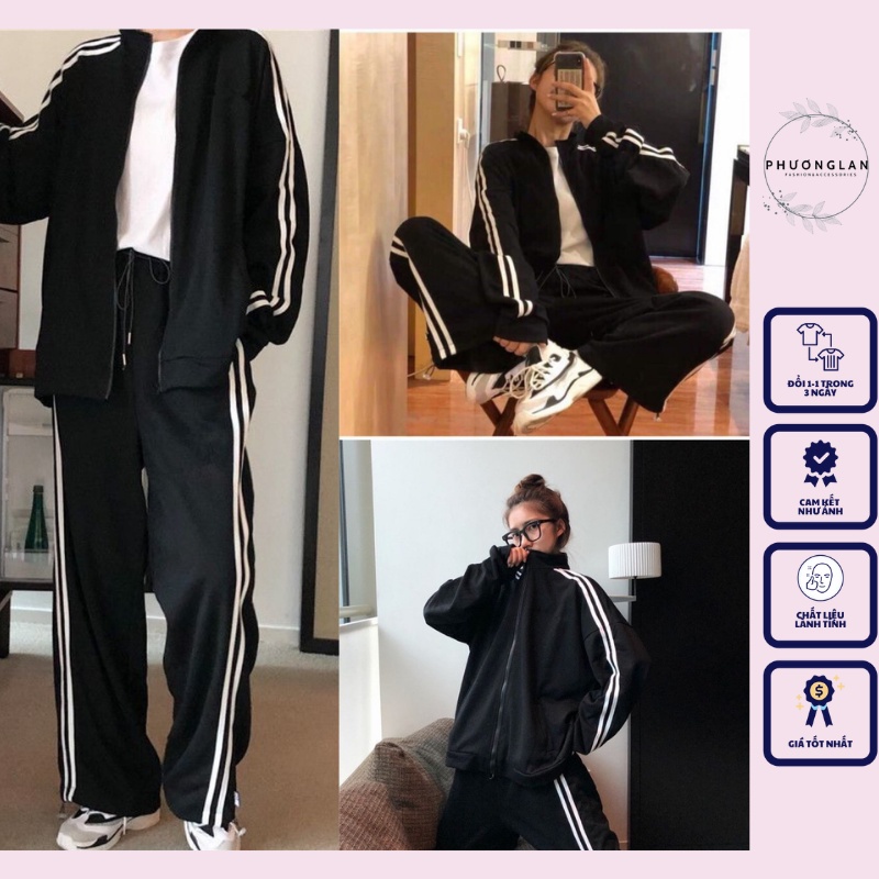 Áo khoác quần dài 🌸 Set đồ quần áo dài tay phong cách Ulzzang Hàn Quốc PHULA chạy dọc viền hai sọc tay bồng freesize -