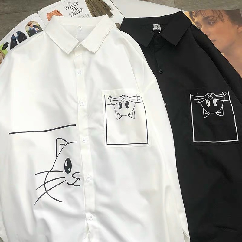 ÁO SƠMI LỤA IN MÈO FORM UNISEX (kèm hình chụp thật) | BigBuy360 - bigbuy360.vn