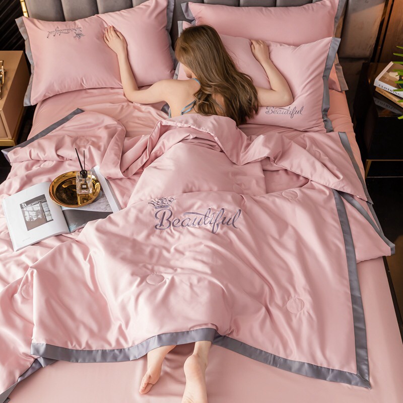Bộ chăn ga gối Lụa Chăn Hè Trần Bông Thêu Họa Tiết Beautiful Nhập Khẩu - Cotton Poly Tim - Sét 4 món