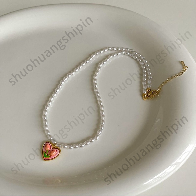 Dây Chuyền Mặt Hình Hoa Tulip Hồng Đính Ngọc Trai Dễ Thương