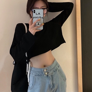 Áo croptop tay dài cổ tròn kiểu dáng đơn giản thời trang cá tính cho nữ