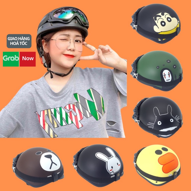 Mũ Bảo Hiểm Nửa Đầu 1/2 Cute Nhiều Hình Lót Đệm Cao Cấp Kèm Kính Phi Công Havana Store - BH 12 Tháng