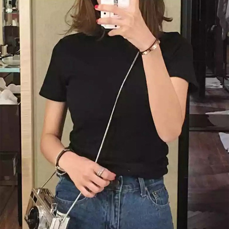 Áo Thun Tay Ngắn Cổ Lọ Màu Sắc Đơn Giản Cho Nữ