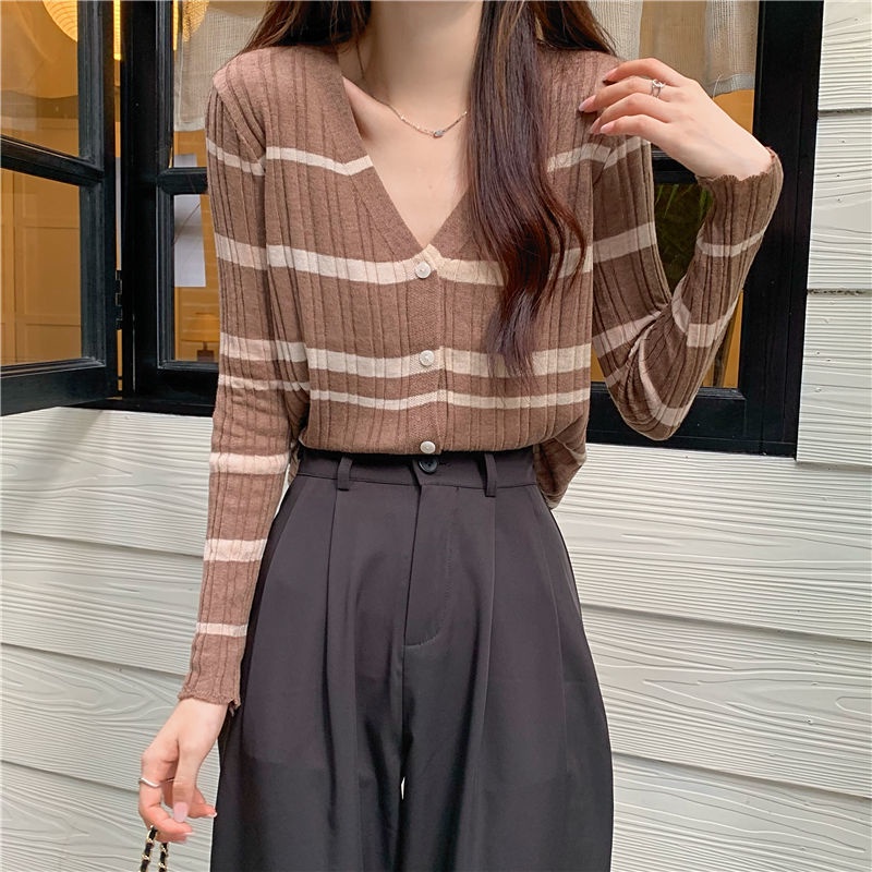 Áo Khoác Cardigan Dệt Kim Mềm Mại Tay Dài Cổ Chữ V Họa Tiết Kẻ Sọc Phong Cách Hàn Quốc Thời Trang Mùa Thu