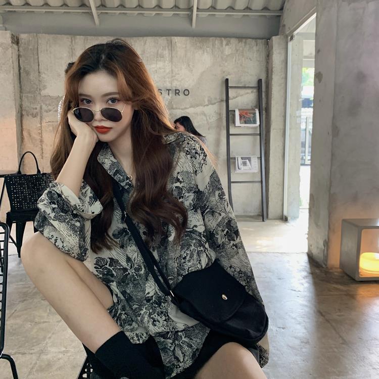 Áo sơ mi voan tay dài in họa tiết BF phong cách Retro Hàn Quốc C006
