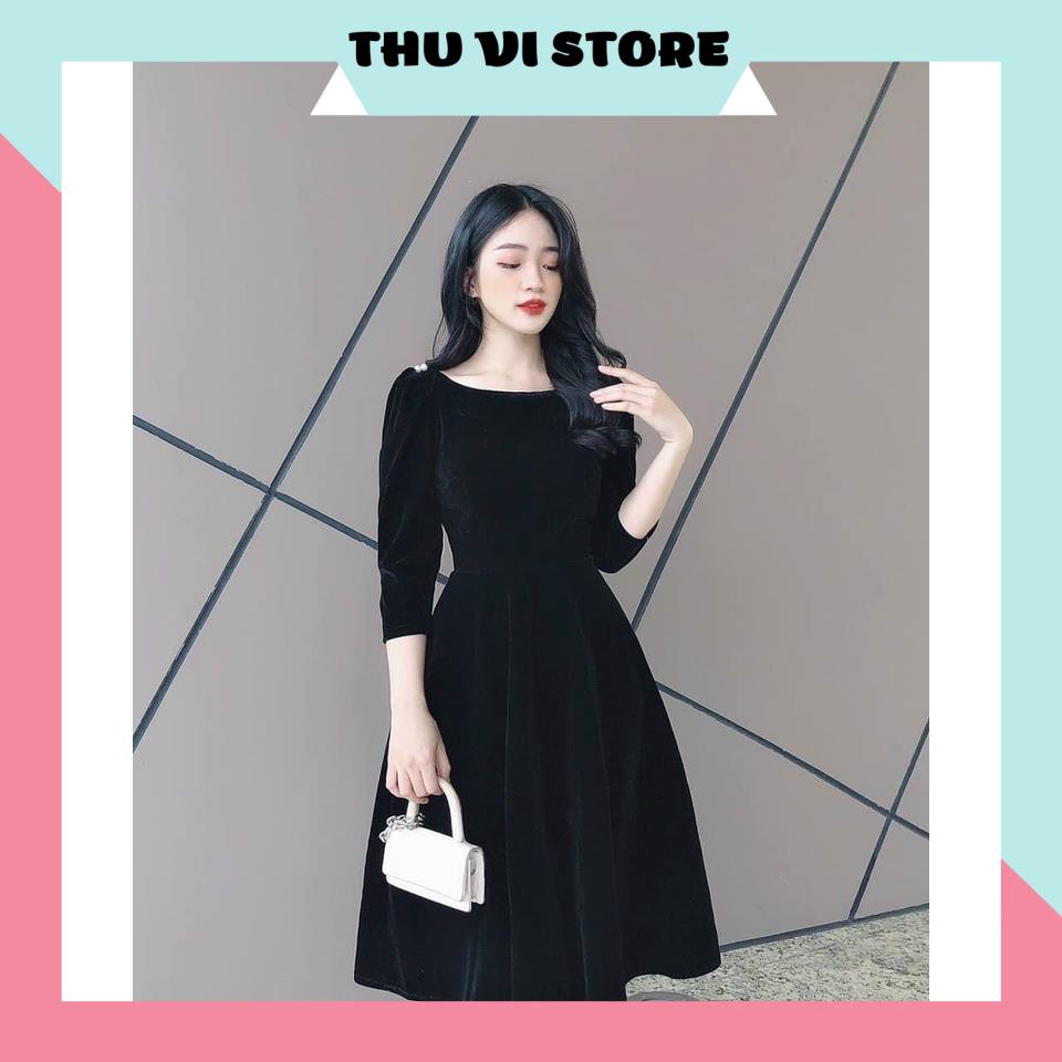 Váy Nhung Nữ, Đầm Nữ Dáng Xòe Cổ Tròn Tay Lửng Đính Nút Vai Chất Nhung Cứng Mịn Đứng Form Màu Đen, Đỏ Siêu Tôn Dáng | BigBuy360 - bigbuy360.vn