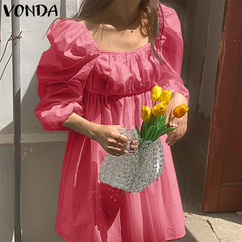 VONDA Women Korean Summer 3/4 Puff Sleeve U Neckline Loose Pleated Tunic Dress | BigBuy360 - bigbuy360.vn