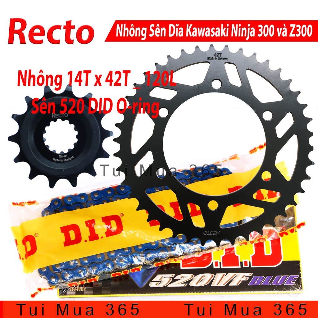 Nhông Sên Dĩa Recto Kawasaki Z300 và Ninja 300 Sên Màu 120L DID 520VF Phốt Cao Su Thái Lan 14T x 42T