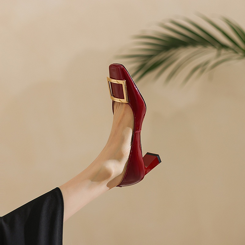 Giày cao gót IELGY mũi vuông gắn khóa kim loại thời trang Hàn Quốc cho nữ