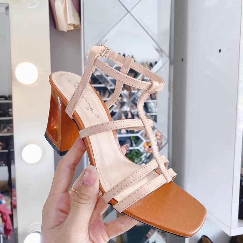 Giày Cao Gót Vuông 7p khoét Kiểu Màu Nâu Nhiều Dây Ngang PN