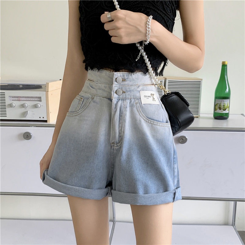 Quần Short Jeans Lưng Cao Ống Rộng Màu Gradient Thời Trang Cho Nữ