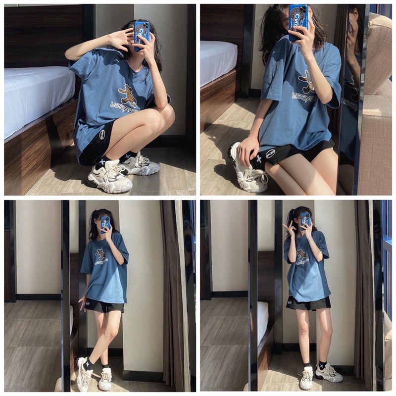 Bộ quần áo 🌸 FREESHIP 🌸 Bộ quần áo đùi in hình hai màu xám/xanh ulzzang unisex | BigBuy360 - bigbuy360.vn