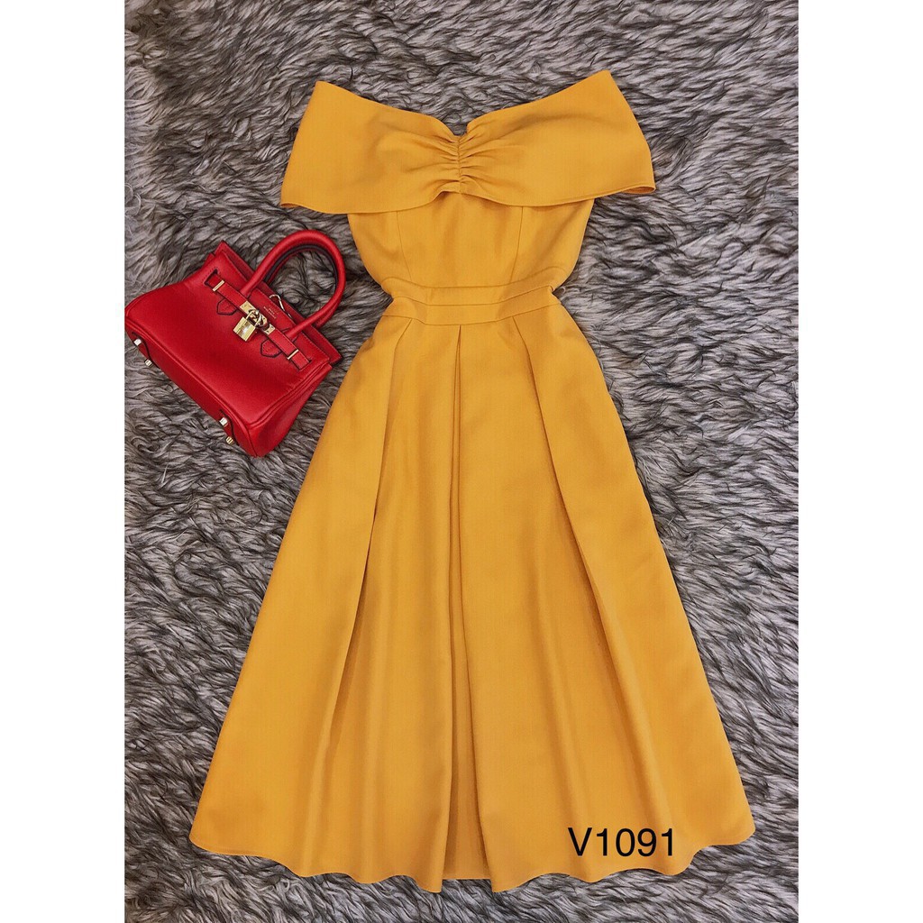 [ xả kho ] MiD Đầm vàng trễ vai hàng thiết kế V1091 Mie Design ảnh thật