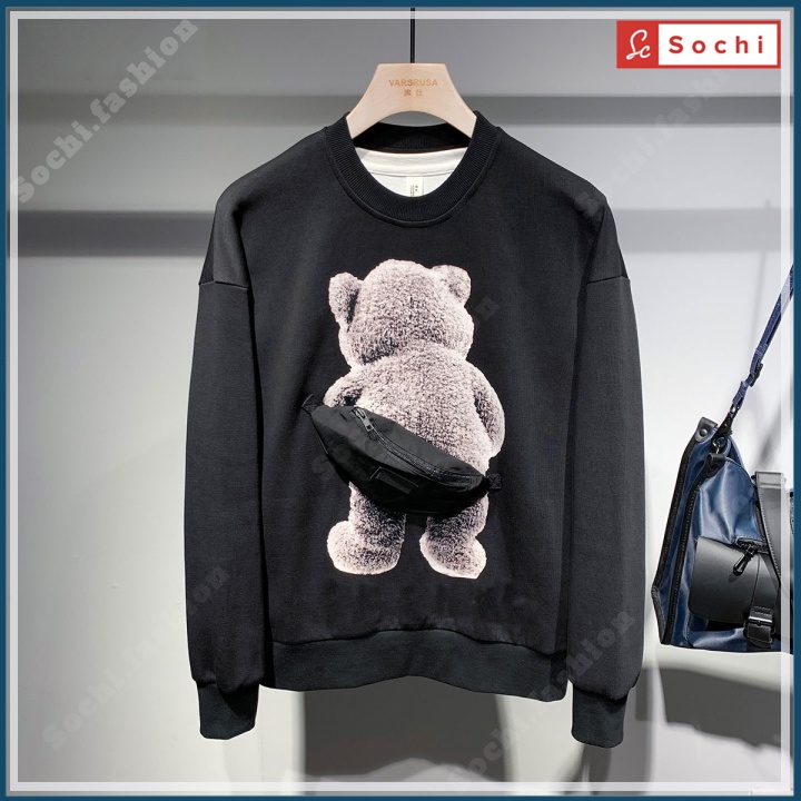 Áo nỉ sweater nam unisex, áo thu đông nỉ mềm mịn ôm người in Gấu Đeo Túi mã S.W605