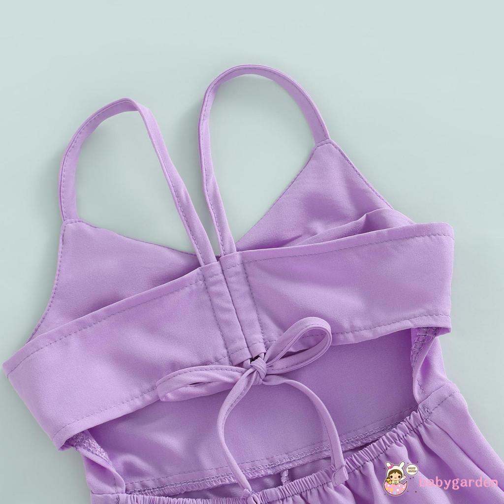 Áo liền quần Tay Loe Dài Cổ Chữ V Màu Trơn Thời Trang Mùa Hè Cho Bé Gái 1-6 Tuổi