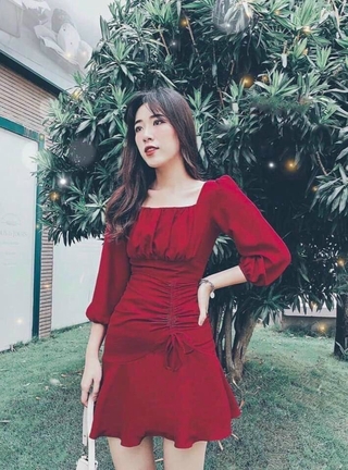 [NEW] VAY DU TIEC (VAYDEP)váy nhún cổ vuông tay dài đầm midi đỏ tôn da tôn dáng dã man ấy
