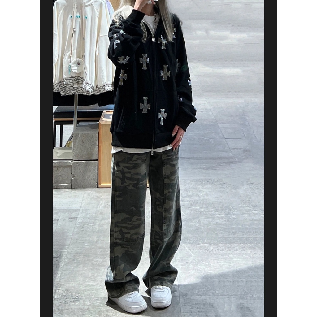 Quần Jean Nữ Lưng Cao Ống Rộng Họa Tiết Rằn Ri Thời Trang