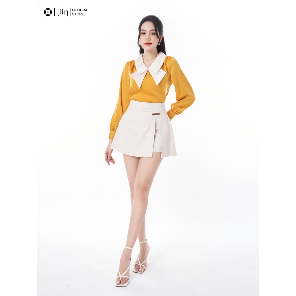 Áo kiểu nữ linbi màu vàng mix cổ nơ be kiểu dáng trẻ trung, mặc tôn da liin clothing A2266