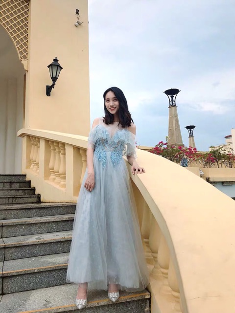 Đầm dạ hội màu xanh ngọc tôn da có kết đá order
