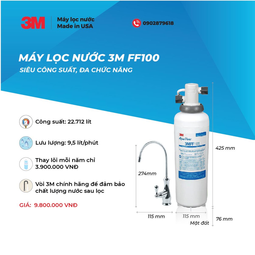 MÁY LỌC NƯỚC 3M FF100 LẮP DƯỚI BỒN RỬA + VÒI 3M CHÍNH HÃNG