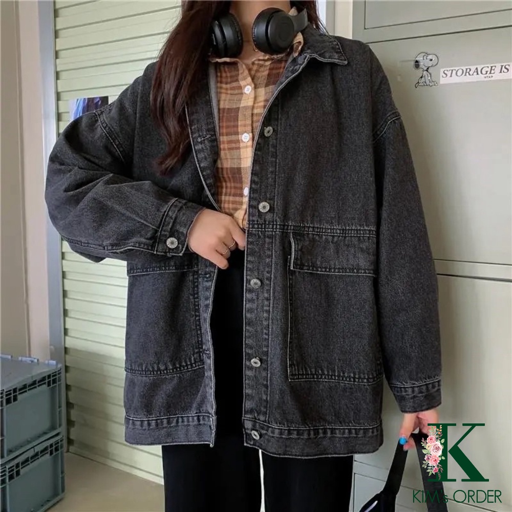 Áo Khoác Jean Dài Tay Denim Nam Nữ Unisex Màu Đen Xanh Phom Rộng Suông Cổ Sơ Mi Phong Cách Ulzzang Hàn Quốc Cá Tính