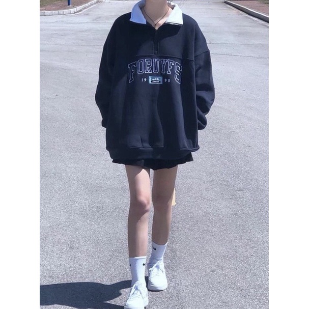 Áo Hoodie nữ không mũ form rộng - Kiểu áo nỉ Sweater cổ Polo xanh dương - Hàng Quảng Châu loại 1 | BigBuy360 - bigbuy360.vn