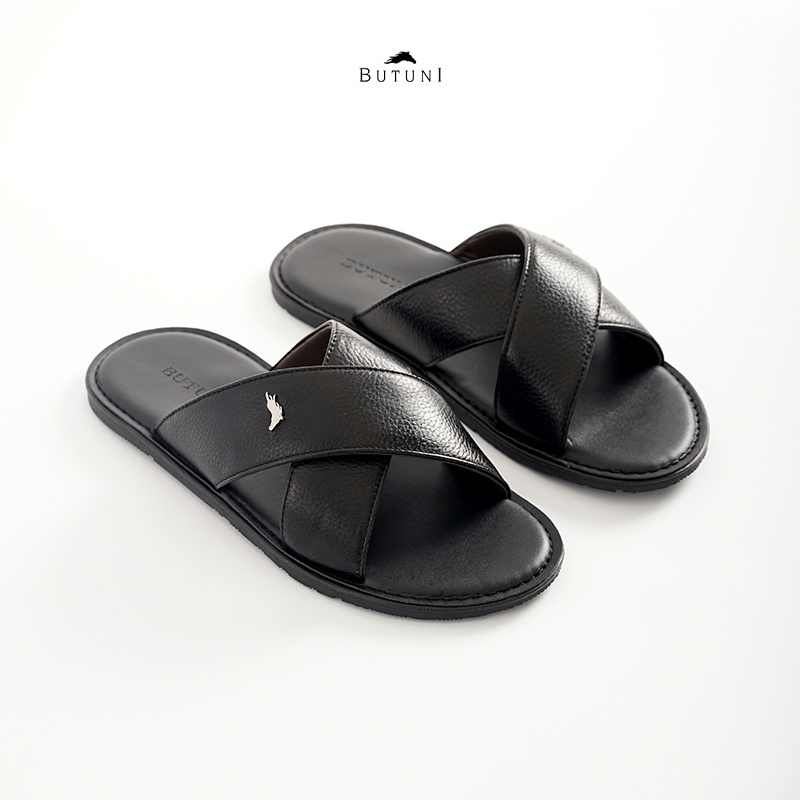 Dép 2 quai chéo FourCM Slippers - Đen - Da bò full grain - BH da thật 12 tháng