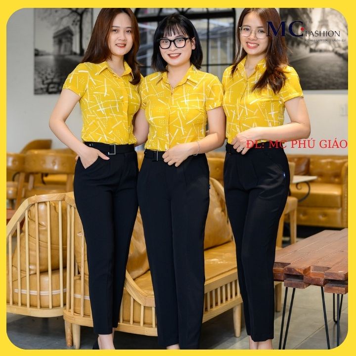 Áo Sơ Mi Nữ Đẹp Cộc Tay Họa Tiết Công Sở Mc Fashion Màu Hồng Xanh Lơ Xanh Than Vàng Chất Silk Lụa Mịn Mát Không ăn A682