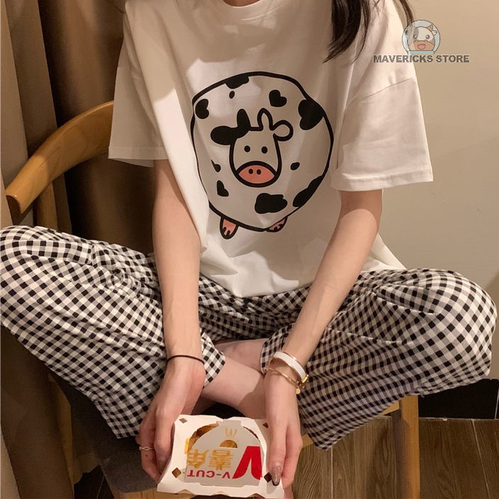 Bộ áo tay ngắn in họa tiết con bò và quần dài lưng cao sọc ca rô thời trang mùa hè mặc ở nhà dành cho nữ
