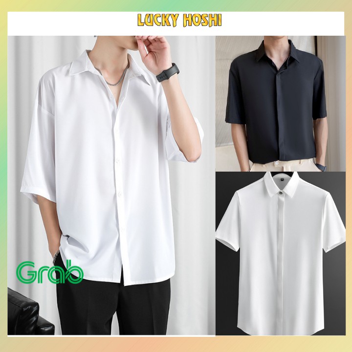 Áo sơ mi rộng tay ngắn OVERSIZE màu trắng đen kiểu Giấu Nút form rộng UNISEX nam, nữ vải lụa mềm mát SMN01