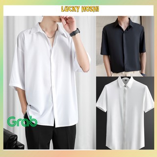 Áo sơ mi rộng tay ngắn OVERSIZE màu trắng đen kiểu Giấu Nút form rộng UNISEX nam, nữ vải lụa mềm mát- MRN03