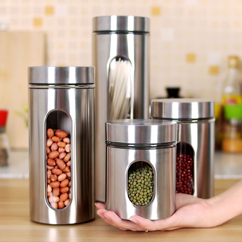 Hũ cao cấp đựng gia vị thủy tinh bọc inox, Sử dụng đựng đồ khô...