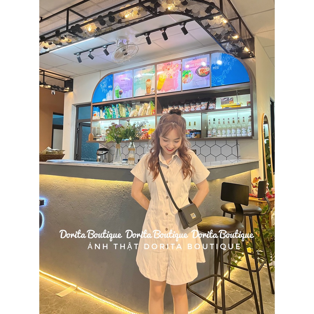 Váy sơ mi chun lưng Basic dáng Hàn, Đầm sơ mi kaki 2 da Hàn Quốc