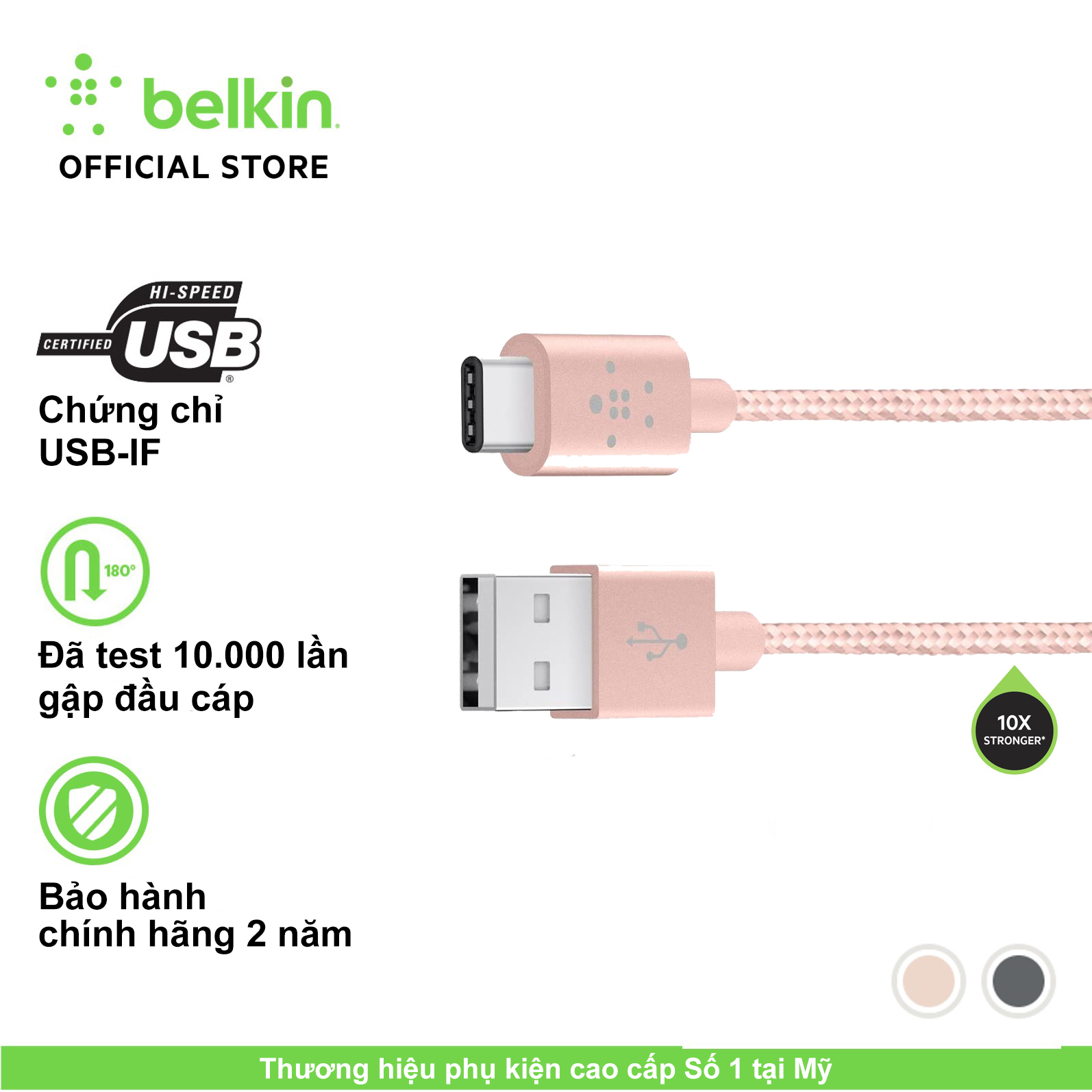 Cáp USB Type C Belkin MIXIT↑™ vỏ dù Metallic siêu bền, màu vàng hồng 1.2m, chứng chỉ IF - Hàng chính hãng