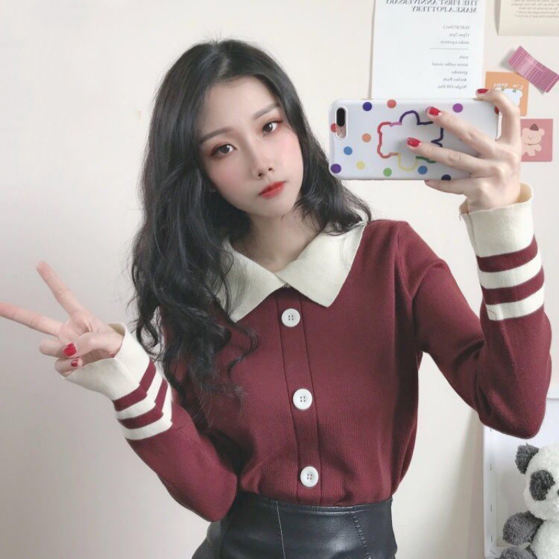 Áo khoác cardigan dệt kim cổ bẻ tay dài dáng rộng kẻ sọc thời trang mùa thu cho nữ