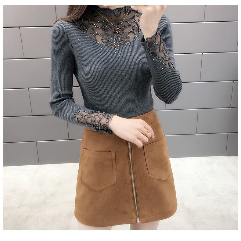 Áo sweater dệt kim tay dài cổ phối ren thời trang thu đông 2020 cho nữ