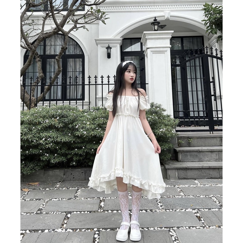 Váy ullzang đuôi cá cổ vuông xinh xắn, Váy hở vai trắng tiểu thư cách điệu - ShynCloset