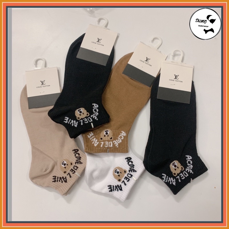 (sét 5 đôi) Tất nữ ngắn cổ phong cách thể thao trẻ trung, hoạ tiết gấu và lv, chất cotton mịn.