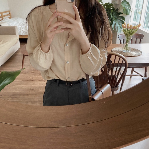 SUXI Áo Sơ Mi Tay Dài Cổ Tròn Màu Sắc Đơn Giản Dễ Phối Đồ Cho Nữ