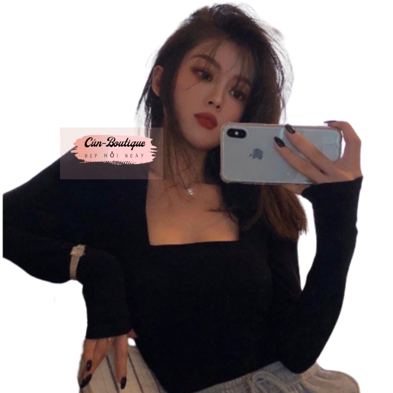 Áo Dài Tay Cổ vuông dệt kim dáng ôm body Thời Trang cho nữ đi chơi đi làm one size Cún-Boutique | BigBuy360 - bigbuy360.vn