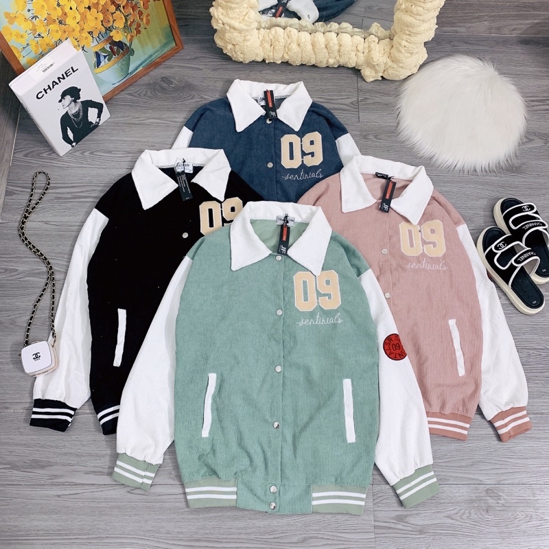 Áo Khoác Nhung Tăm Cổ Bẻ Thêu Số 09 Áo Bomber Bóng Chày Logo Tay Dáng Rộng