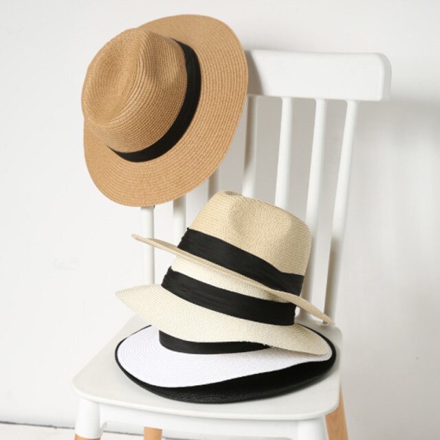 Mũ phớt cói Fedora vành rộng viền đen - phong cách Unisex - thời trang đi biển