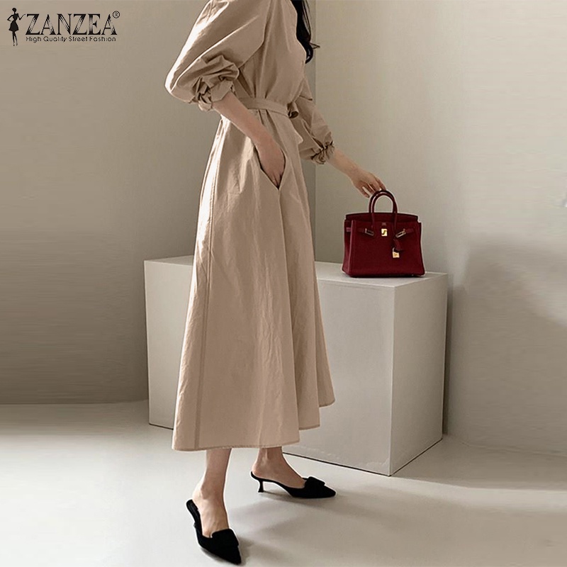 Đầm dài ZANZEA màu trơn cổ phối thắt lưng phong cách cổ điển cho nữ