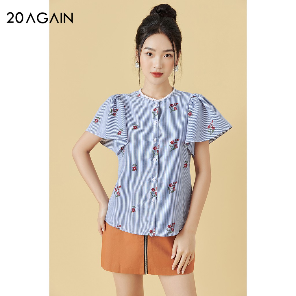 Áo sơ mi nữ tay xòe 20AGAIN, họa tiết xanh kẻ trẻ trung, thoáng mát, thấm mồ hôi ASW1146 | BigBuy360 - bigbuy360.vn