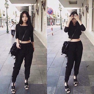 Quần baggy len tăm 2 màu ghi, đen