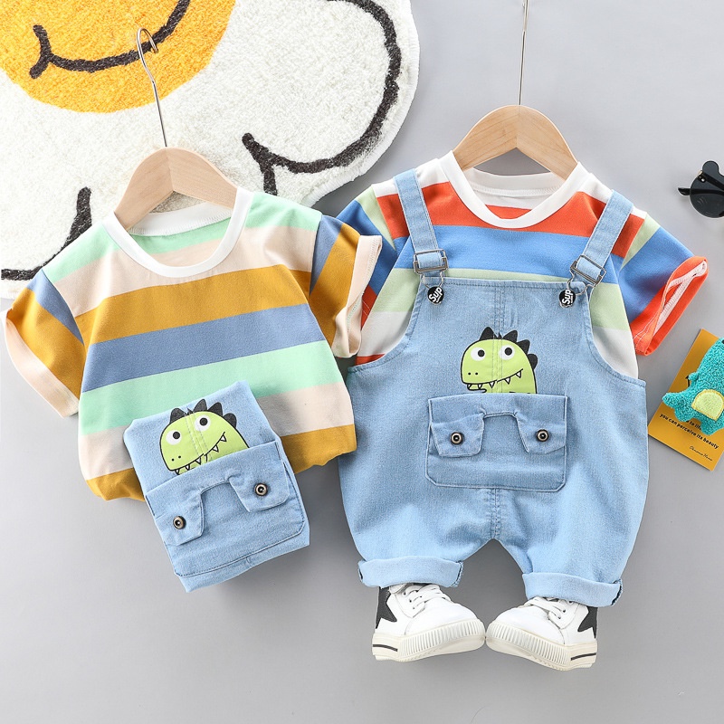 Set Áo Thun Sọc Yếm Jean Hình Khủng Long Bé Trai 1 - 4 tuổi