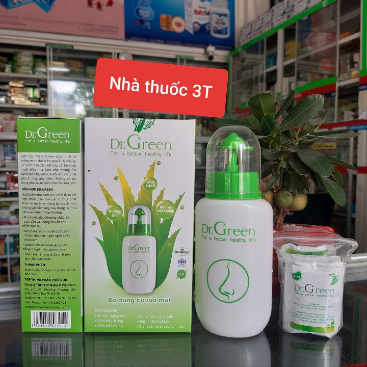 Bình rửa mũi Dr.Green tặng kèm 10 gói rửa mũi muối biển nha đam.